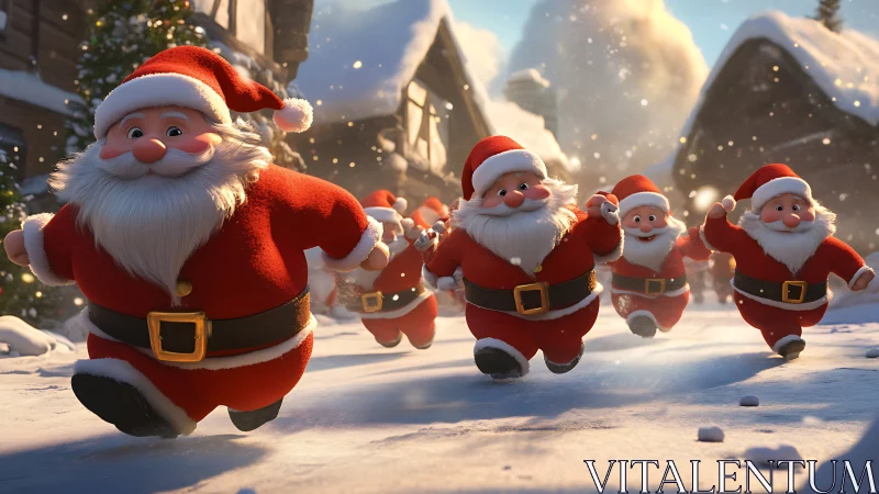 Multiple stylized Santas run through sunlit snowy village lane