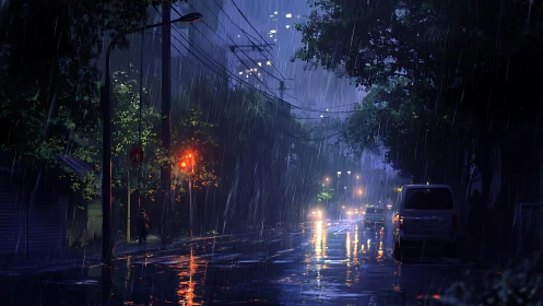 Nocturnal urban street in heavy rain, cinematic digital painting.