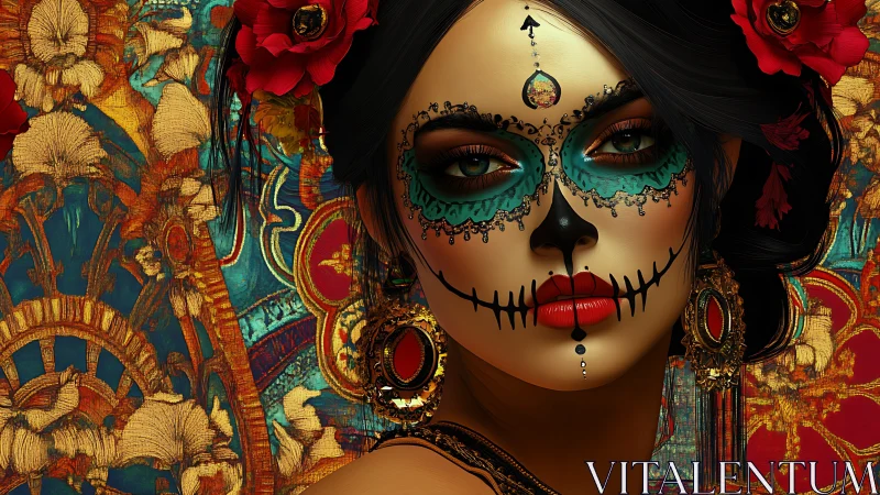 Sugar skull portrait with ornate red gold floral backdrop.