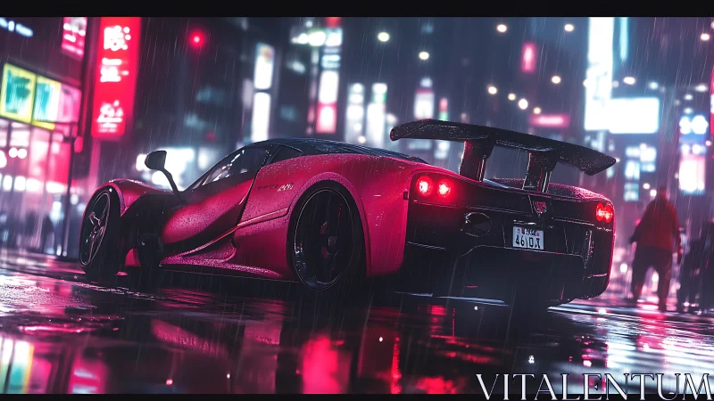Neon drenched supercar in cinematic night rainscape.