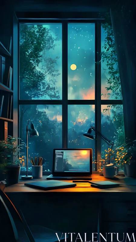 Moonlit home office glows against dreamy forest window view.