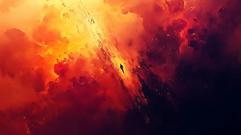 Solitary figure drifts through blazing cosmic storm clouds.