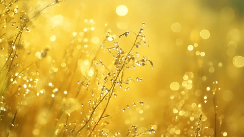 Backlit dew on meadow stems forms golden abstract field