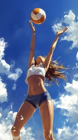 Skyward volleyball leap in bright sunlit summer clouds.