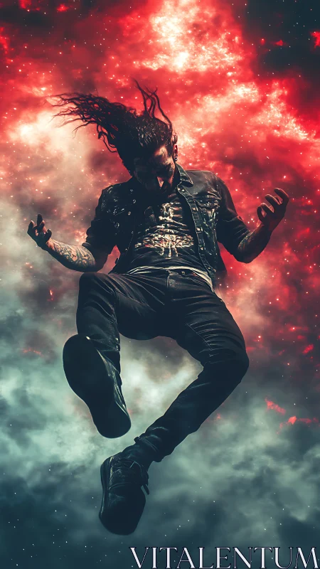 Person suspended against nebula-like cloud background in midair