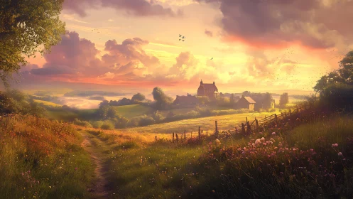 Golden country lane leads toward a peaceful sunset village