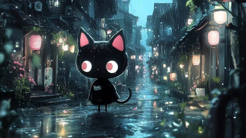 Cartoon black cat in rainy lantern street at night.