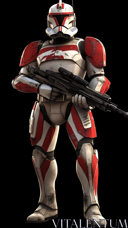 Armored sci fi soldier in worn red white tactical plating.