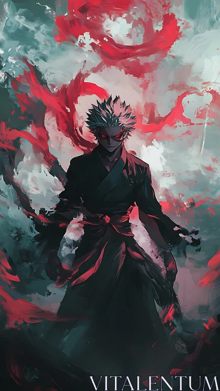 Stormlit warrior rises amid swirling red arcane power