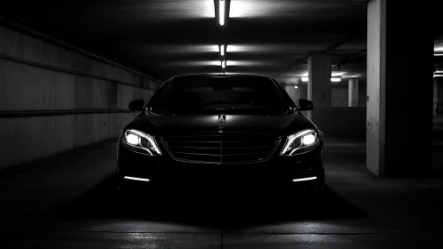 Luxury sedan emerges from moody underground parking shadows.