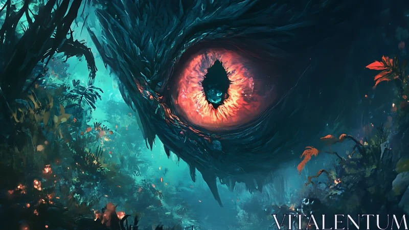 Colossal forest eye watching a glowing, haunted jungle dream.