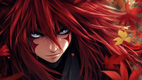 Fierce red haired anime warrior framed by drifting autumn leaves.