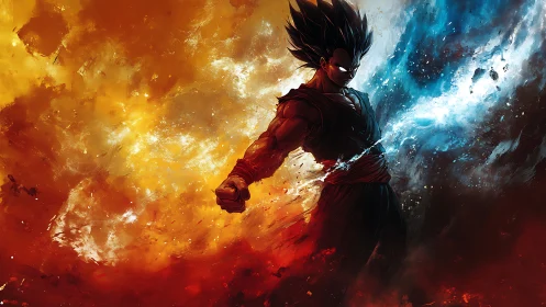 Warrior ignites twin storms of fire and ice in cosmic clash.