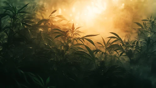 Backlit cannabis leaves glow through hazy golden sunset light.