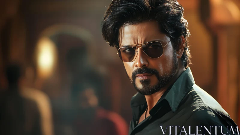 Cinematic close-up of stern man with gradient bokeh background