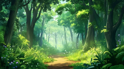 Digitally rendered forest pathway with layered tree canopy and atmospheric light