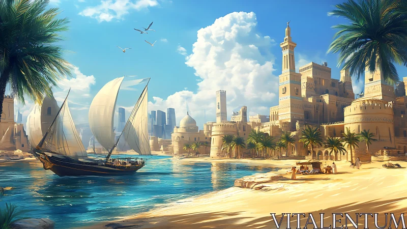 Desert harbor city with sailboat under clear blue sky.