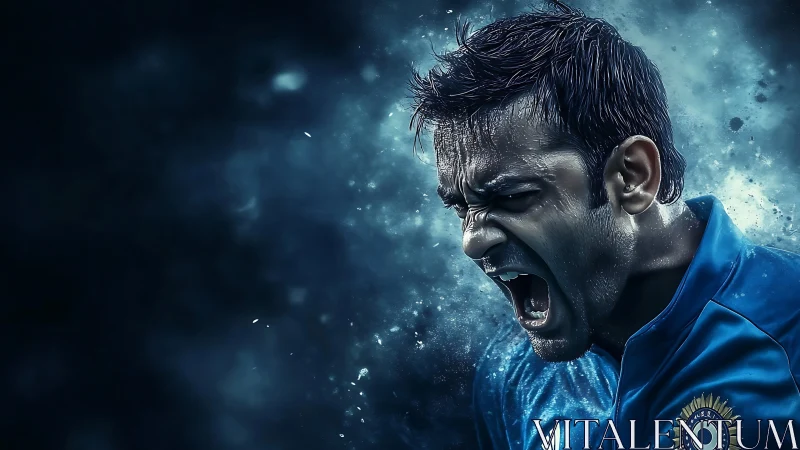 Intense athlete in blue jersey shouting in emotion.