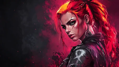 Scarlet punk sorceress smolders in neon-stained shadows.