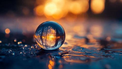 Glass sphere on wet surface reflecting sunset trees.