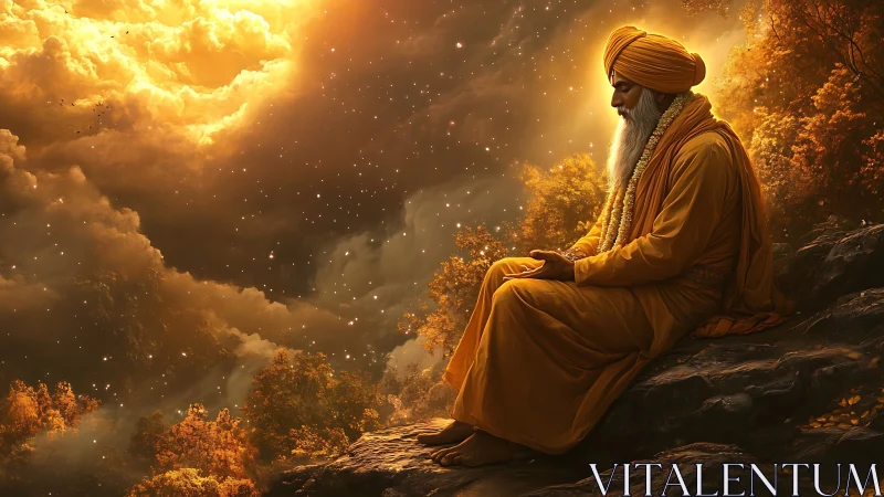 Golden-robed sage in cosmic forest meditation at dusk.
