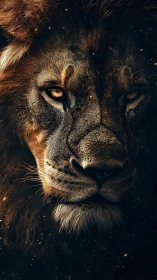 Ember-eyed lion king in smoldering dusk portrait focus.