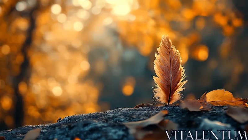 Vibrant autumn feather on rock with dreamy golden bokeh background.
