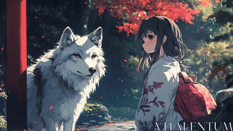 Girl in kimono and white wolf in shaded forest path.