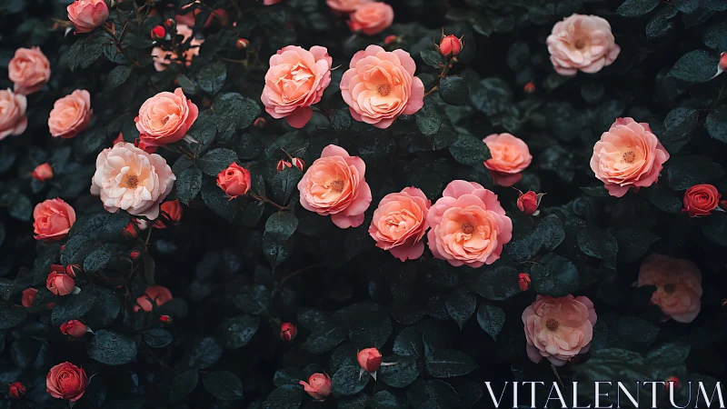Coral garden roses with sage foliage: botanical study in moody palette