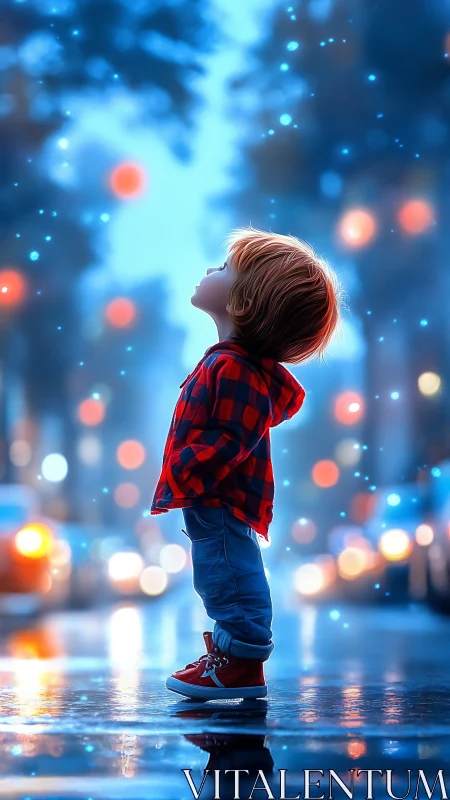 Child in red plaid gazes upward under luminous city bokeh.