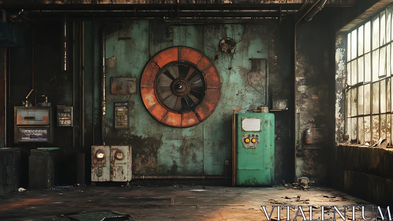 Rusted industrial control wall with teal machinery and fan.