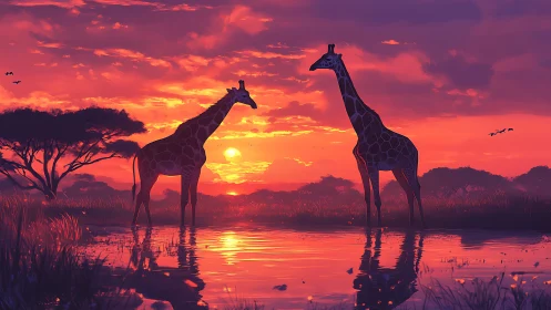 Backlit giraffes stand in reflective wetland under saturated sunset