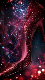 Red glitter stiletto against abstract light and crystal field.