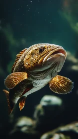 Speckled reef guardian patrols a dim emerald underwater hall