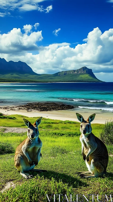 Kangaroos gaze over emerald coast beneath towering clouds.
