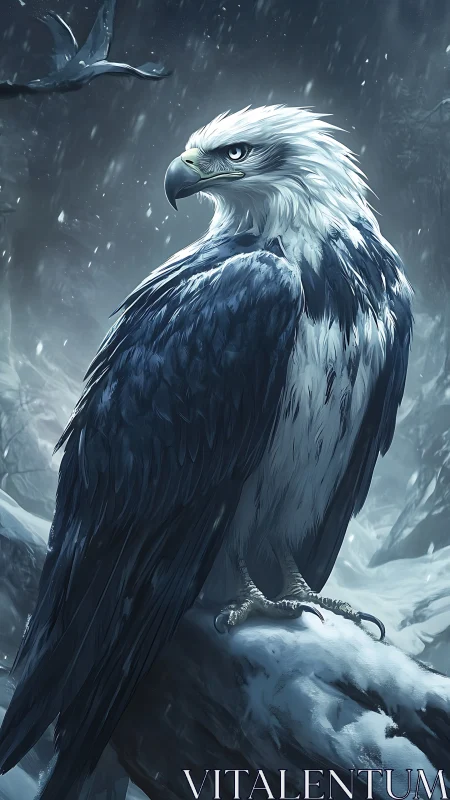 Snow-covered eagle stands on frozen branch in winter storm