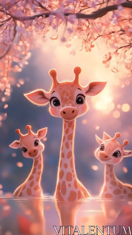 Whimsical giraffe trio under glowing cherry blossoms.
