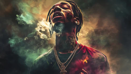 Digital portrait of tattooed vocalist in dramatic neon smoke