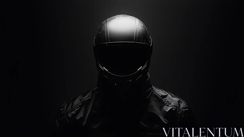 Motorcyclist silhouette wears glossy helmet in dark studio