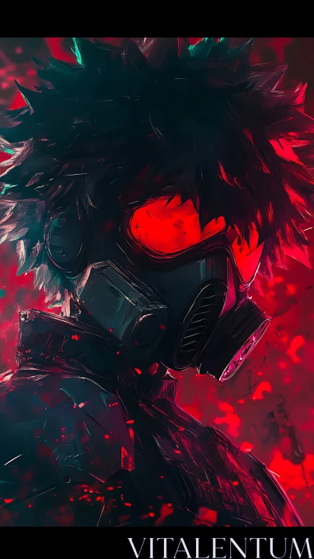 Cyberpunk gasmask portrait with neon red atmospheric lighting.