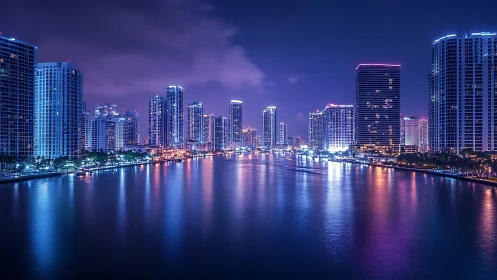 Neon-lit waterfront skyline forms a symmetrical nocturnal corridor
