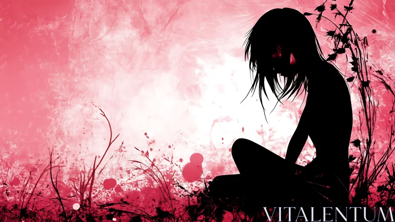 Silhouette girl seated in floral field against textured pink sky