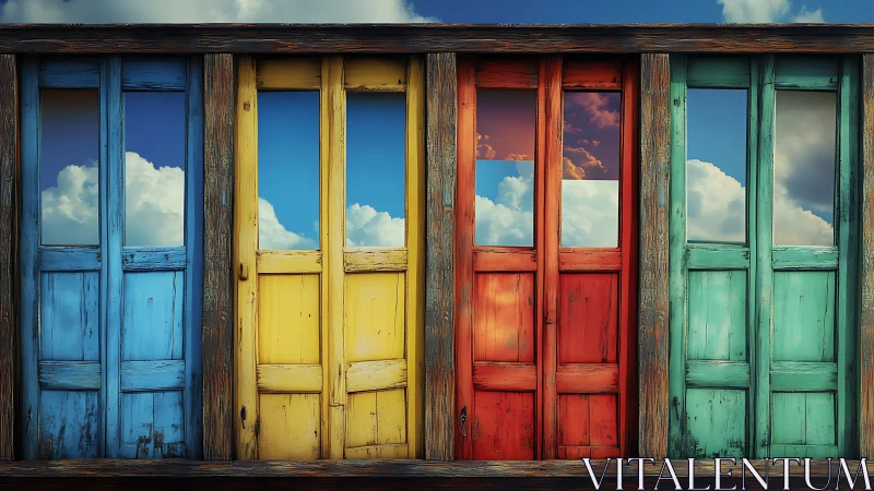 Weathered colored doors aligned against clouded sky backdrop.