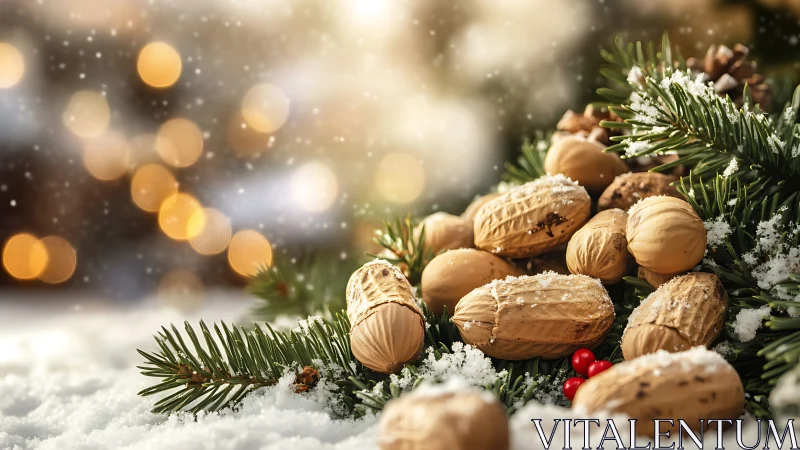 Mixed nuts on snow covered evergreen branches outdoors.