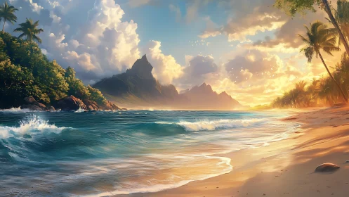 Tropical Coastal Paradise with Volcanic Peak and Golden Sunset.