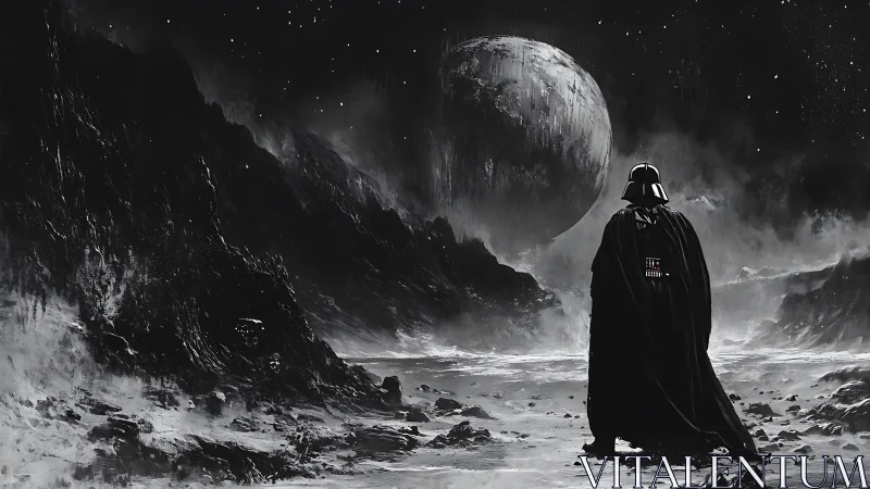 Dark wanderer studies a haunted moonlit wasteland