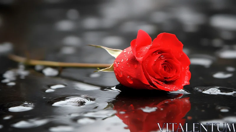 Scarlet rose resting on reflective rain soaked surface.