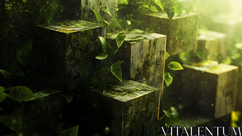 Mossy stone blocks with green leaves in soft sunlight, fantasy style.
