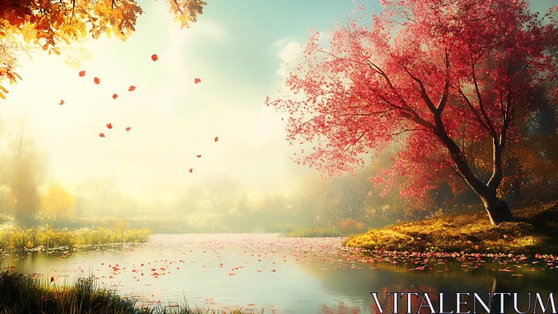 Backlit autumn lake scene with red foliage and atmospheric haze