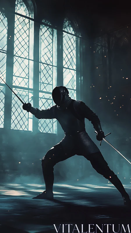 Armored swordsman training with spear in dark grand hall.